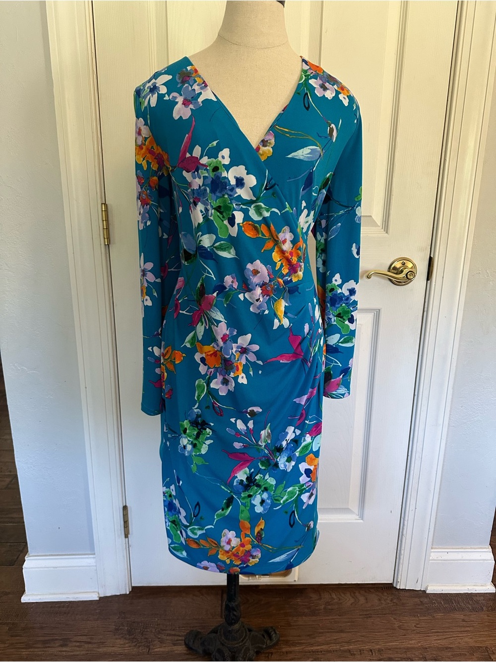 Chaps Teal Floral Long Sleeve Wrap-Style Dress